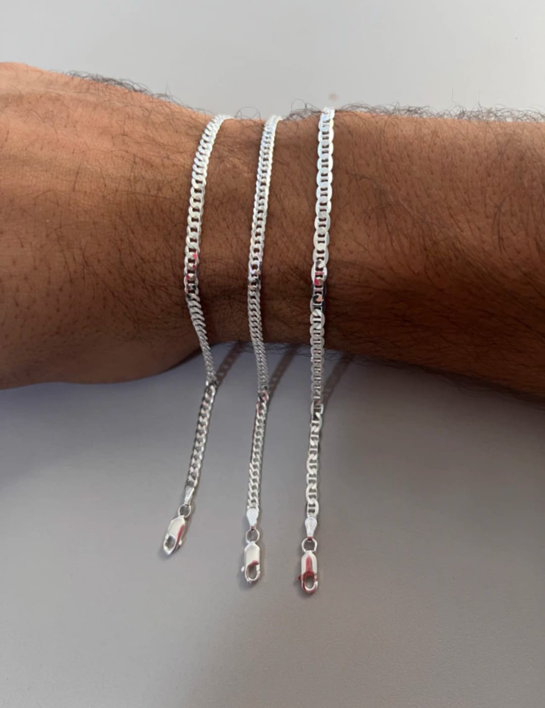 3 pulseiras de 3 mm - grumet, duplo grumet e tampa de latinha em prata 925