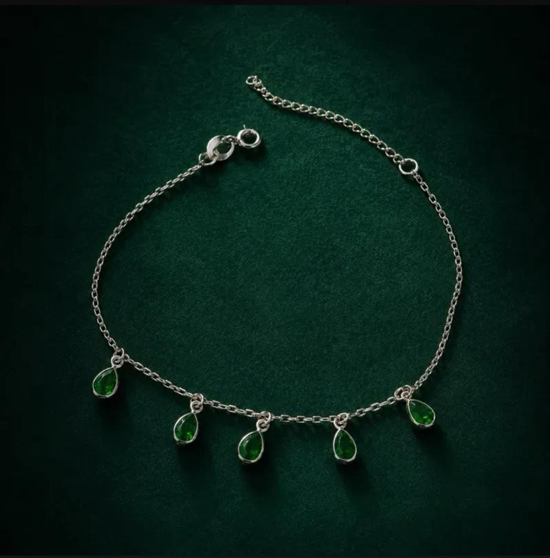 Pulseira Prata 925 Com Pedras Verdes Gota Feminina em prata 925